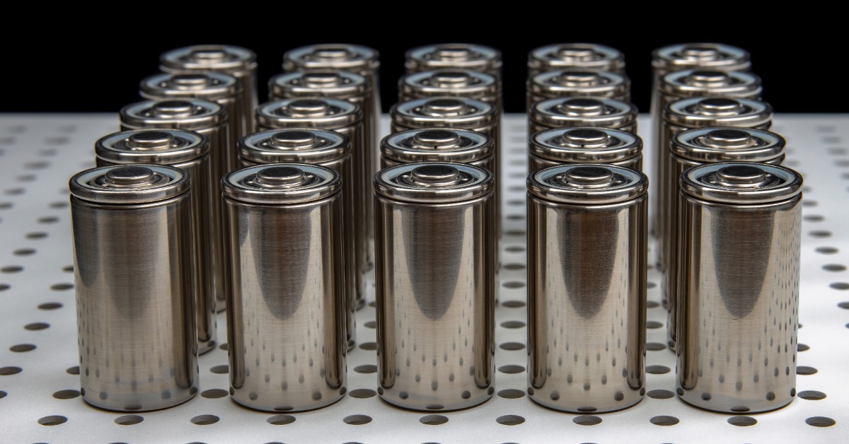 Multiple batteries with a metallic exterior aligned next to each other in five rows placed on a white surface.